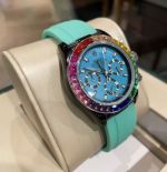 Rolex Rainbow Daytona Replica with Rainbow Diamond Bezel 316L Steel 43mm Japan Quartz Movement Blue Rubber Strap Watch